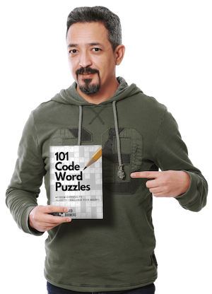 man pointing to 101 Code Word Puzzles book