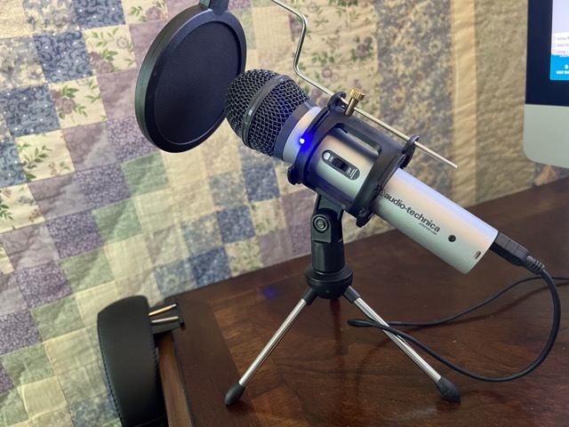 Microphone inside shock absorbing stand with pop guard